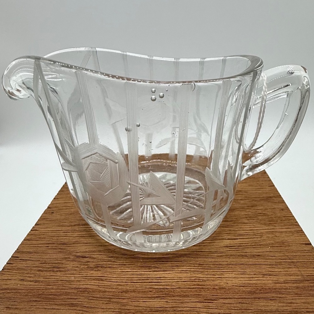 Vtg Cut Glass Rose Creamer Frosted Stripe Starburst Base Clear Pitcher MCM